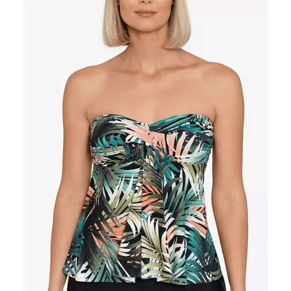 Swim Solutions Palm Delight Flyaway Bandeau Strapless Tankini Top Multicolor 16